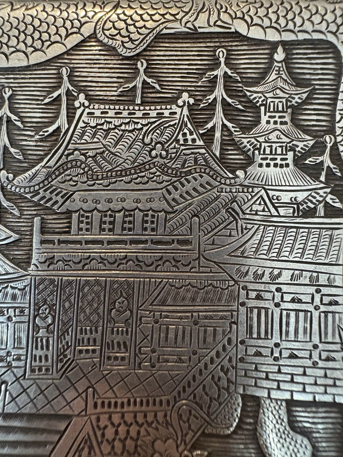 Antique Japanese TOKYO SOLID SILVER Case Dragon & Pagoda Scene 1900 Hand Engrave