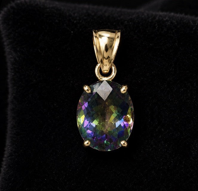 Vintage 14K Gold Mystic Topaz Pendant Rainbow Oval Cut Fine Jewelry
