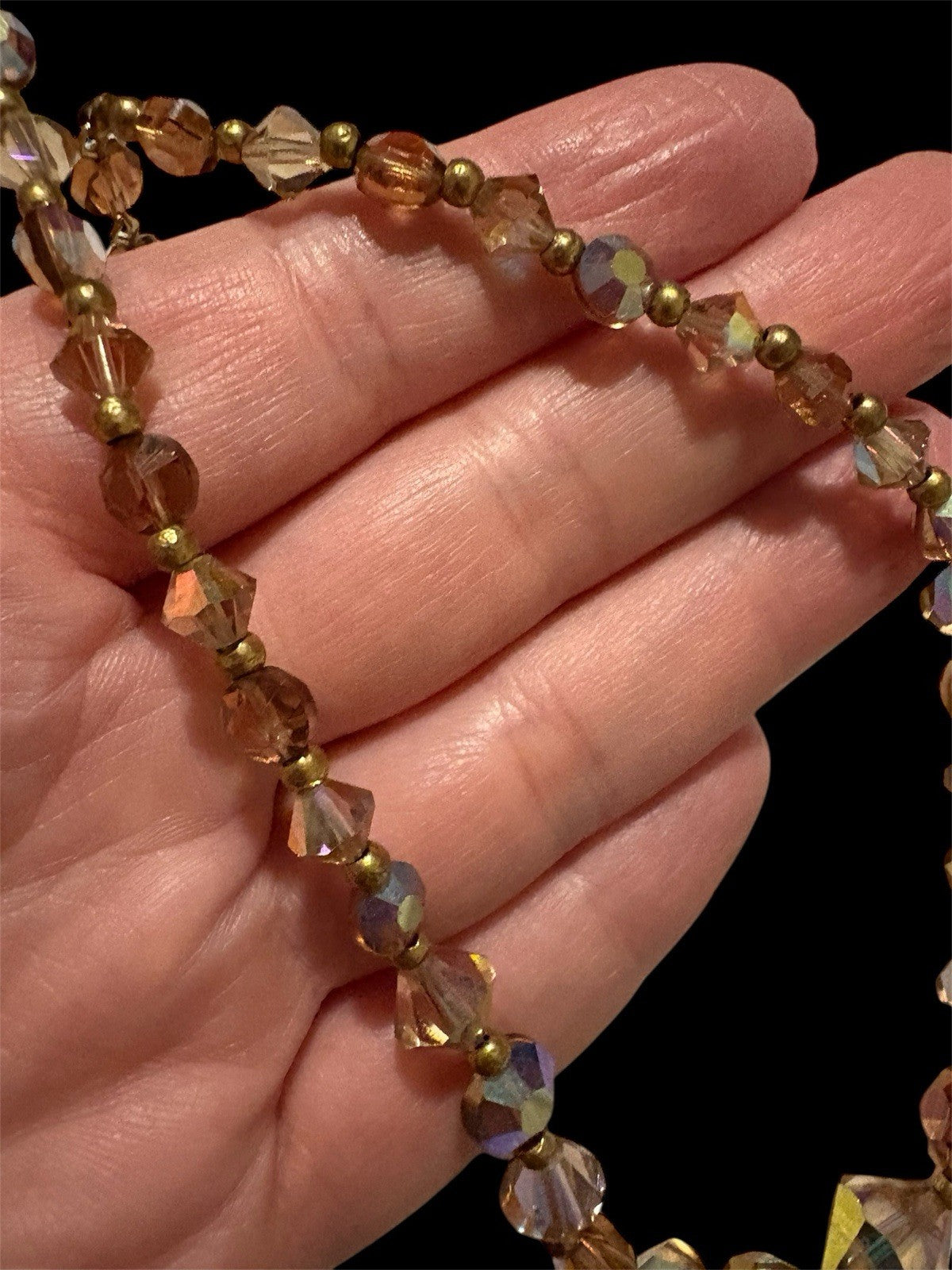 Vintage Peach AB Crystal Bead Necklace 15” Faceted Glass Choker Hook Clasp