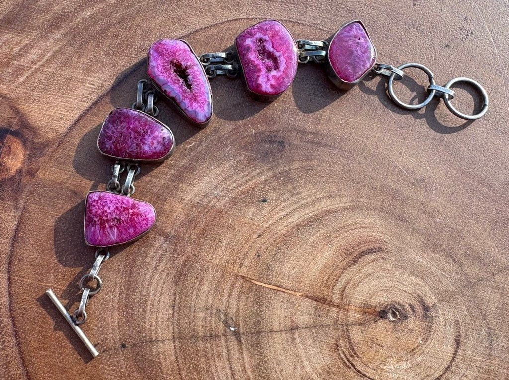 Sterling Silver Pink Druzy Geode Bracelet Artisan Organic Stone 7.25”