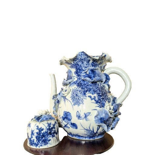 Rare 19thC Victorian Blue White Porcelain Pitcher Floral Relief Teapot Antique