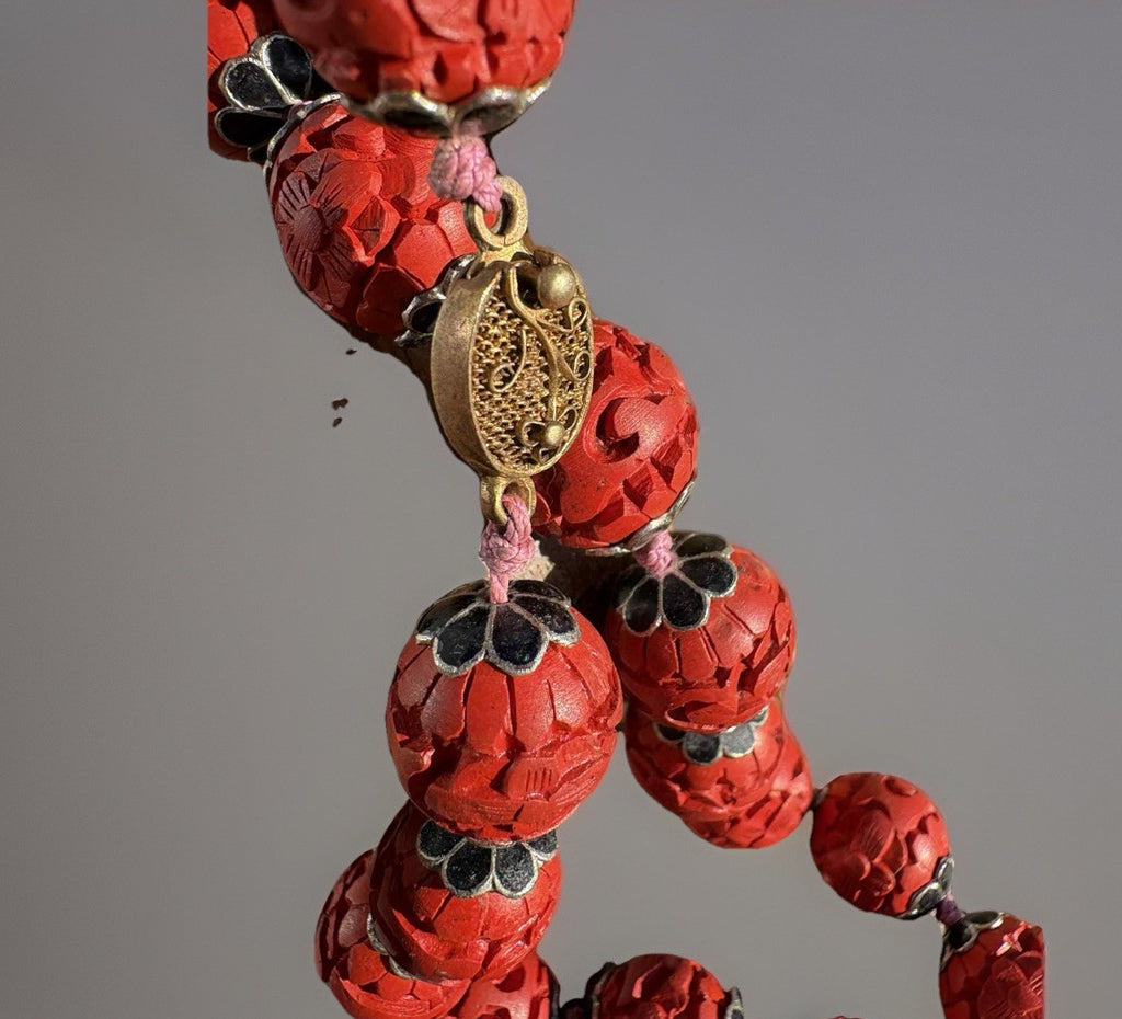 Antique Chinese Carved Cinnabar Bead Necklace – Republic Era, Filigree Clasp