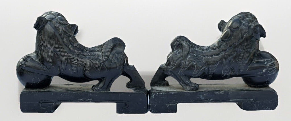 Vintage MCM Hand Carved Stone, Pair of Foo Dogs
