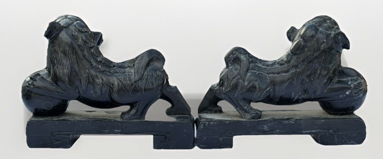 Vintage MCM Hand Carved Stone, Pair of Foo Dogs