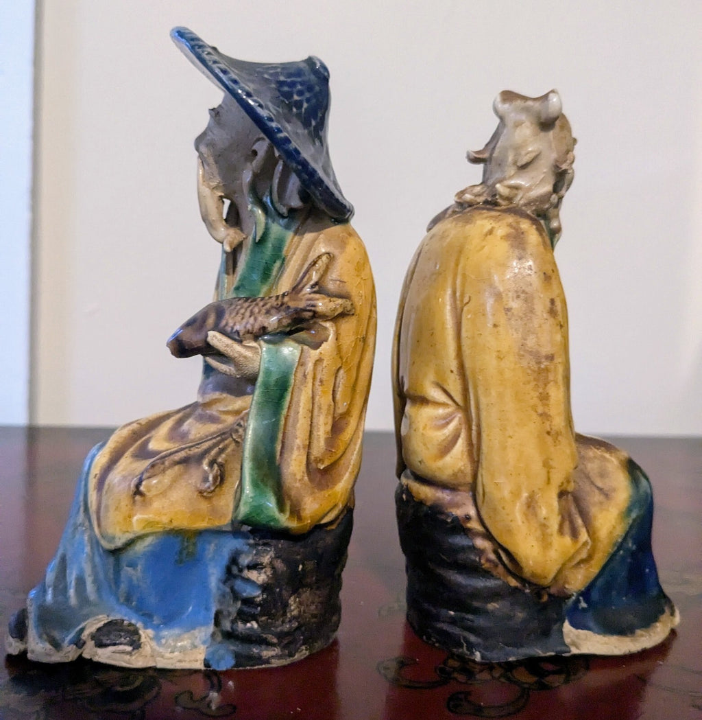 PAIR ANTIQUE MUD MAN 1890-1919 CHINESE FIGURE MAJOLICA POTTERY GLAZED
