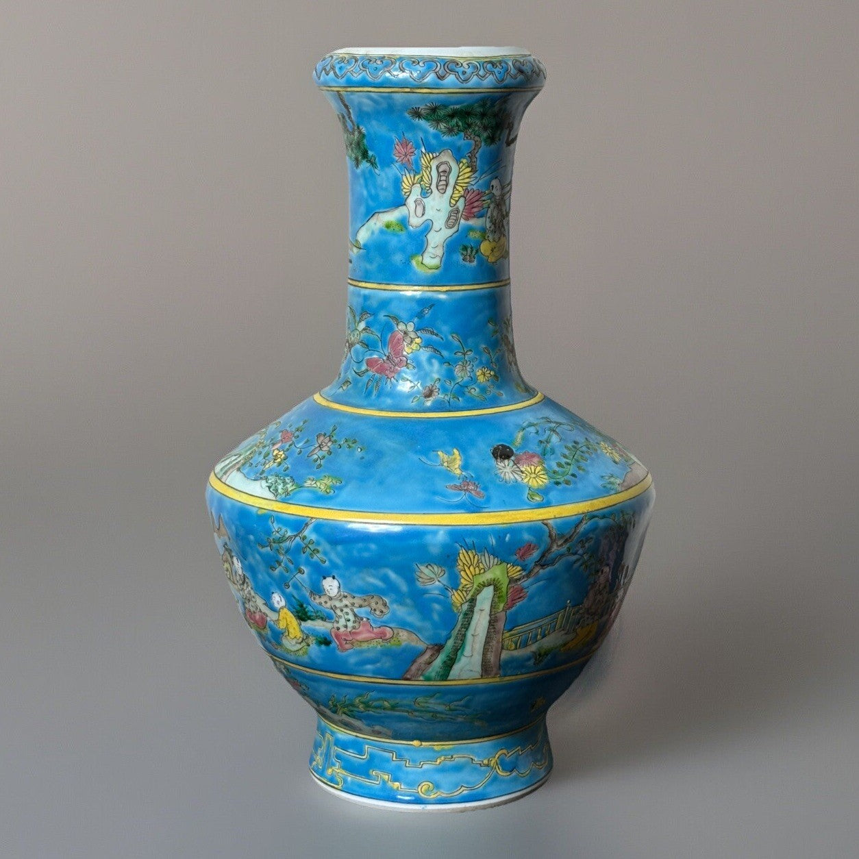 Large Chinese Famille Rose Turquoise Vase Boys at Play Qing Republic Era 16”