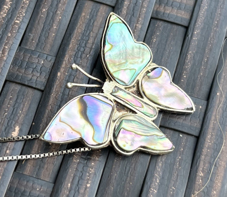 Vintage Abalone Shell Butterfly Pendant Brooch Necklace With Chain