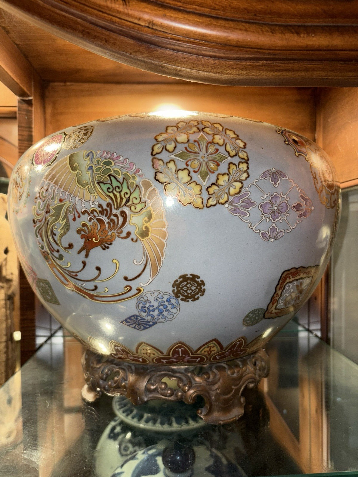 Late Meiji Japanese Blue-Ground Satsuma-Style Jardiniere, Bronze Stand