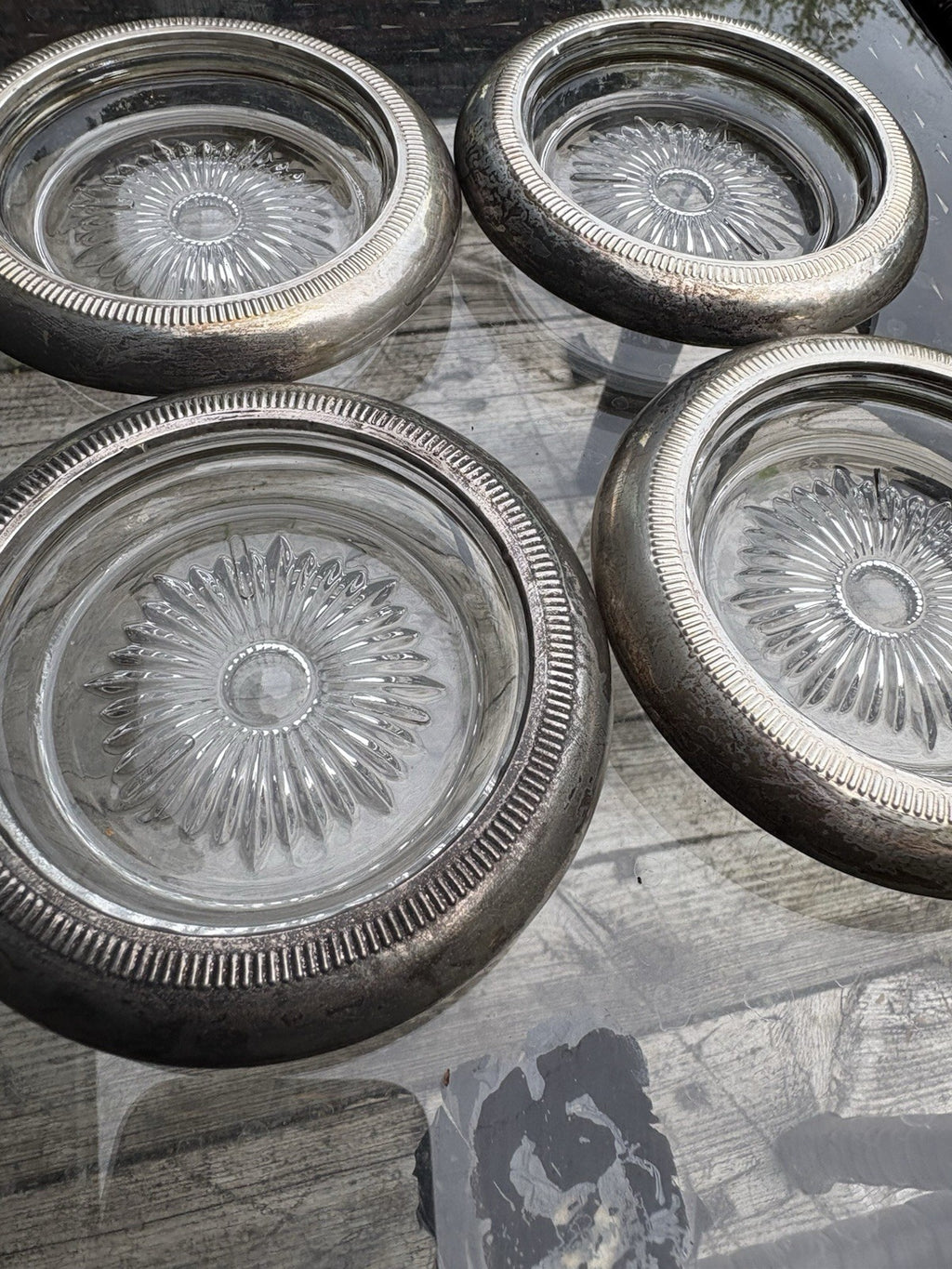 Vintage Sterling Silver Weighted Glass Coasters Set of 4 Starburst Crystal
