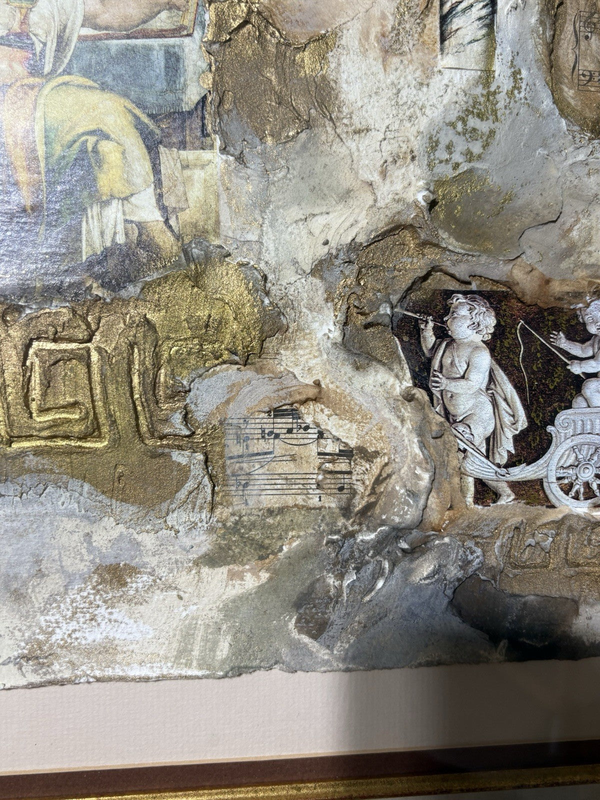 Linda Denison Mixed Media Collage Gold Leaf Art Framed Classical Scene