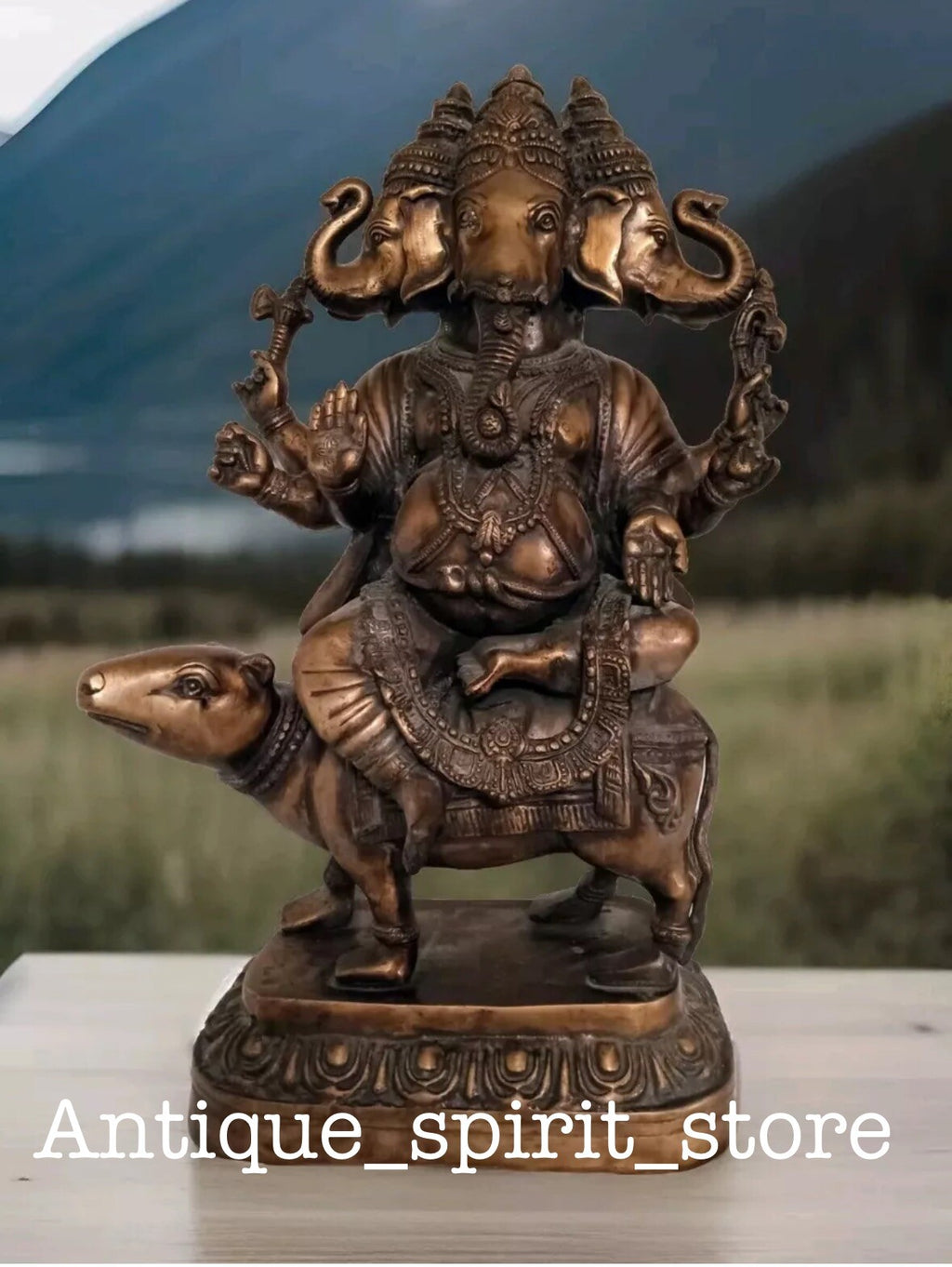 Antique Bronze 22” Three-Headed Ganesha Hindu Statue – Vighnaharta Riding Mouse