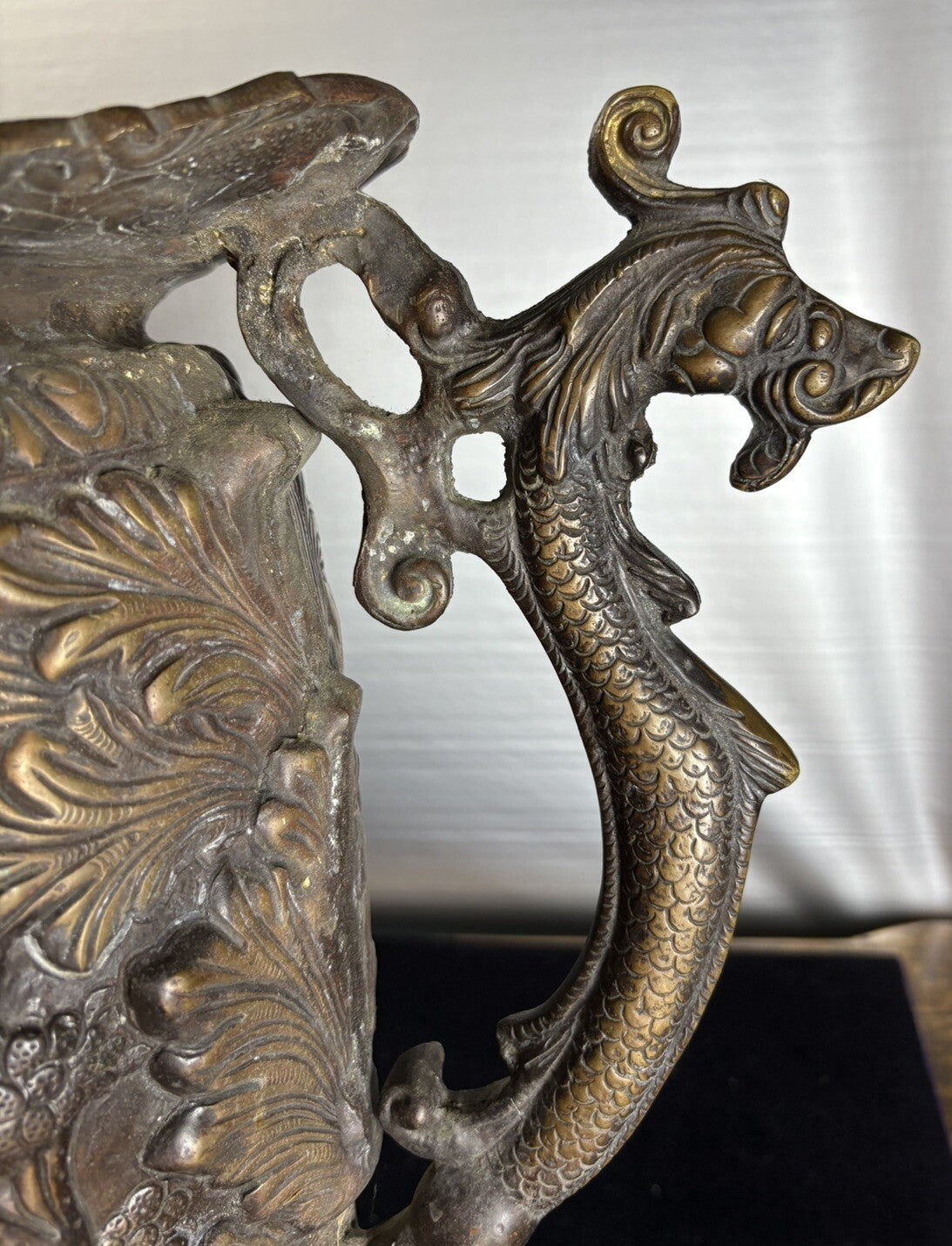18” Rare Antique Bronze Urn Dragon Handles Mythological Relief 19th Century Art