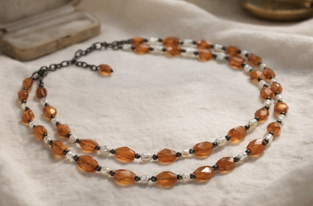 Vintage 925 Sterling Carnelian Pearl Double Strand Necklace Artisan Estate 18”
