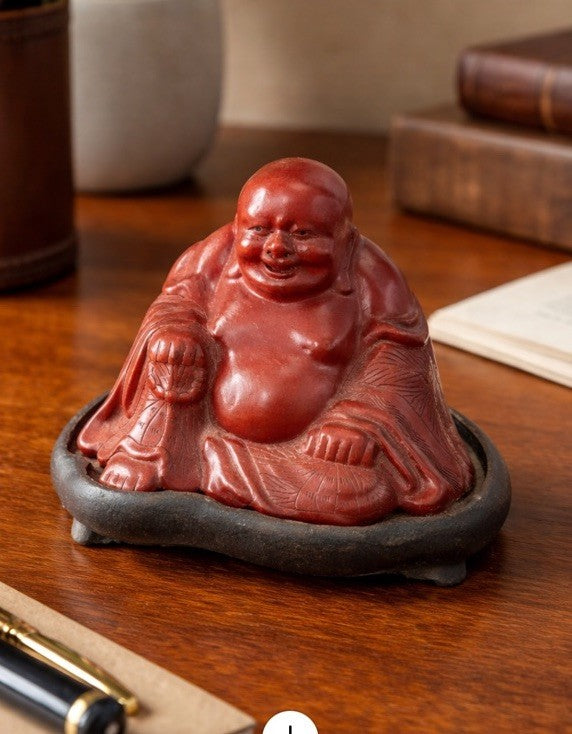Vintage Red Laughing Buddha Figurine on Black Base – Asian