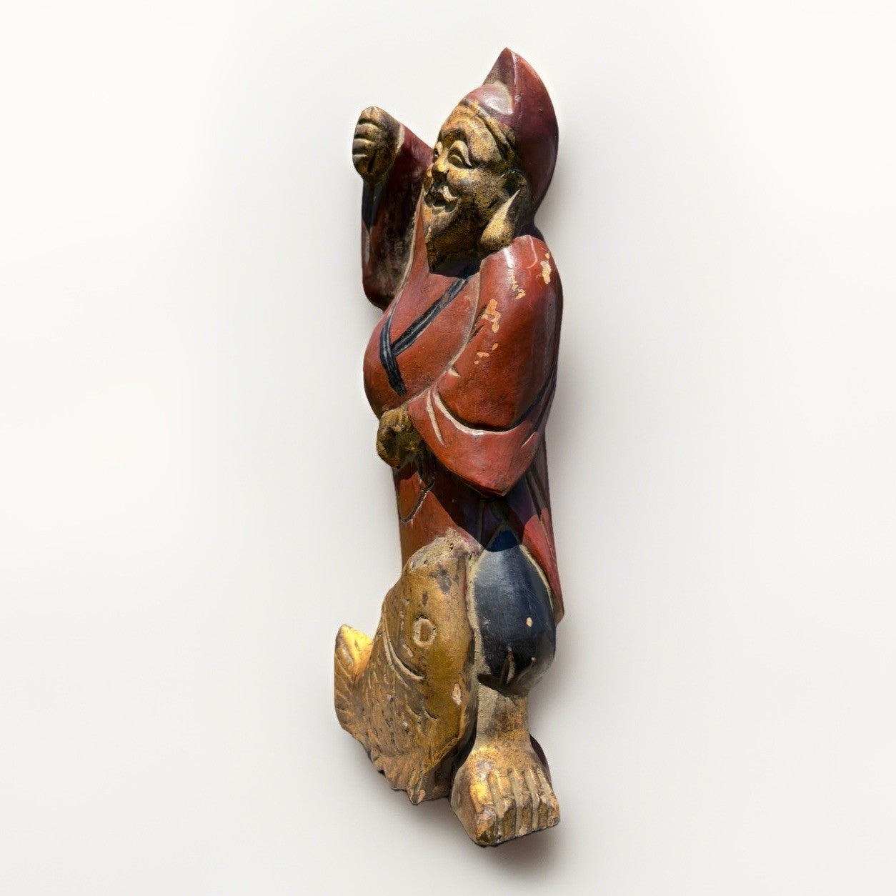Antique Japanese Ebisu Fisherman Wood Carving Statue Folk Art Figure
