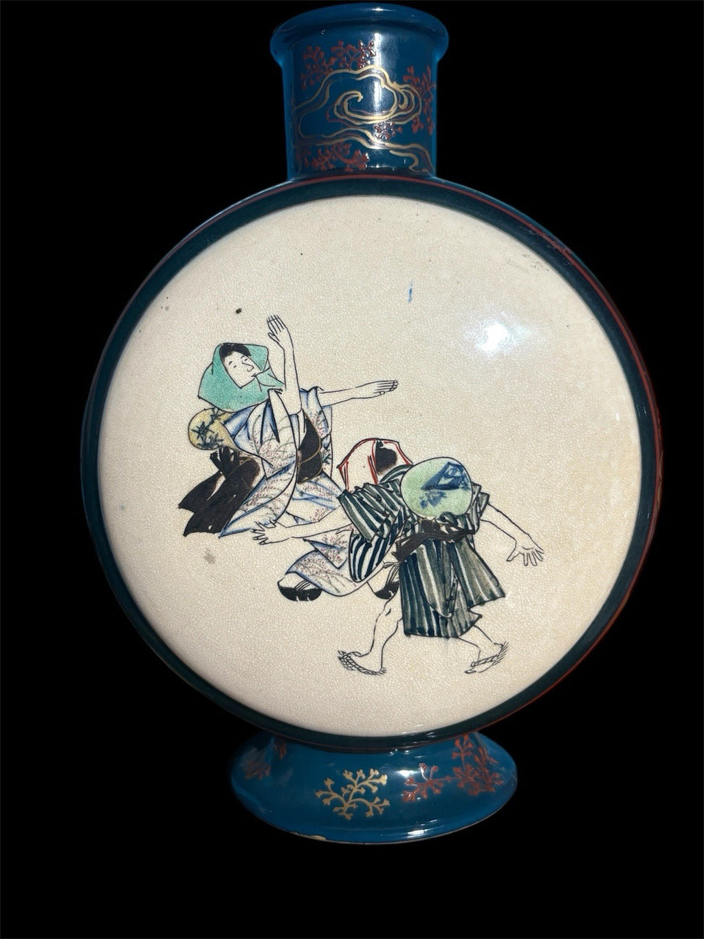 Antique Japanese Satsuma Revival Moon Flask Vase Hand Painted Figures
