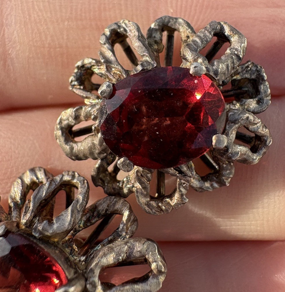 Vintage Sterling Brutalist Earrings Ruby Red Glass—Pierced Post MCM