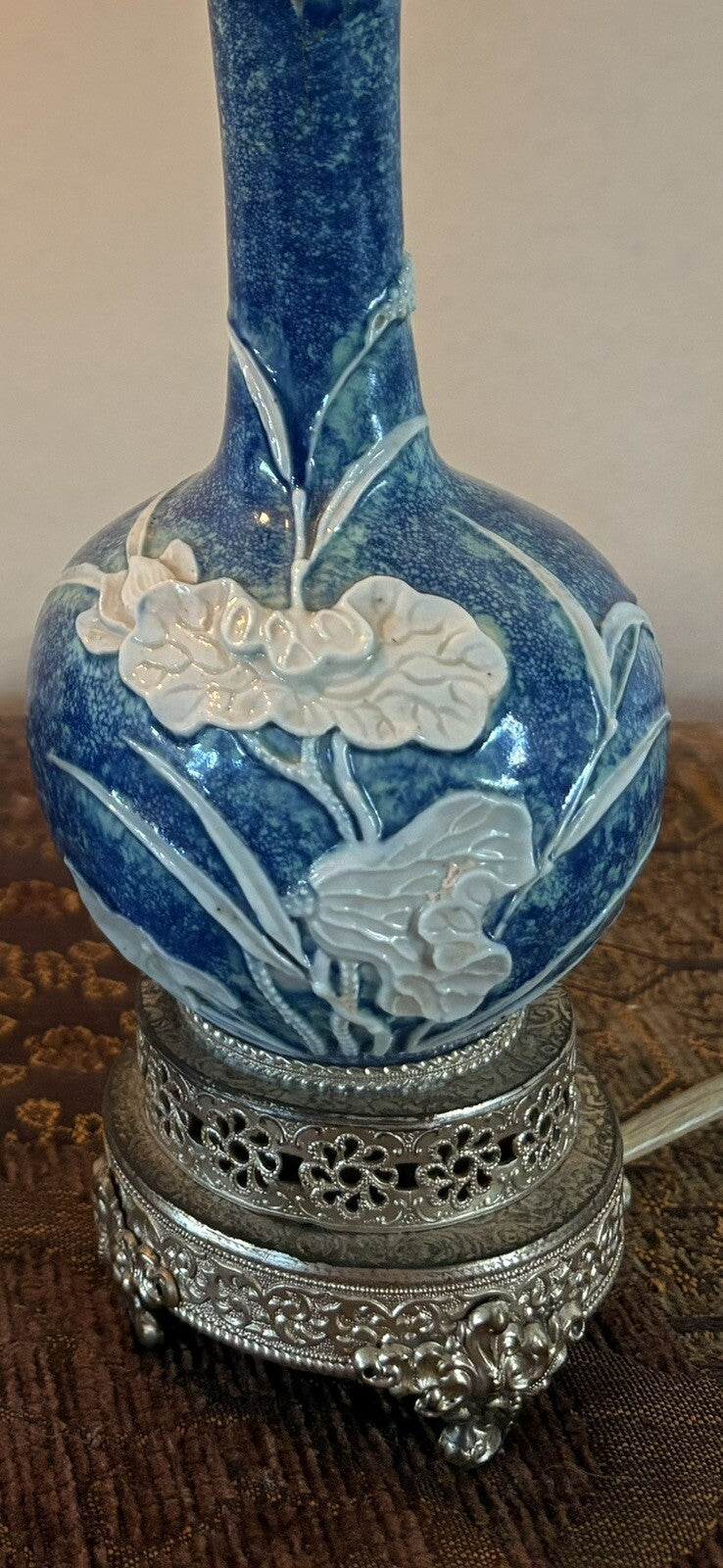 Pair Estate Blue Porcelain Relief Lamps on Ornate Silver Bases Chinoiserie Decor