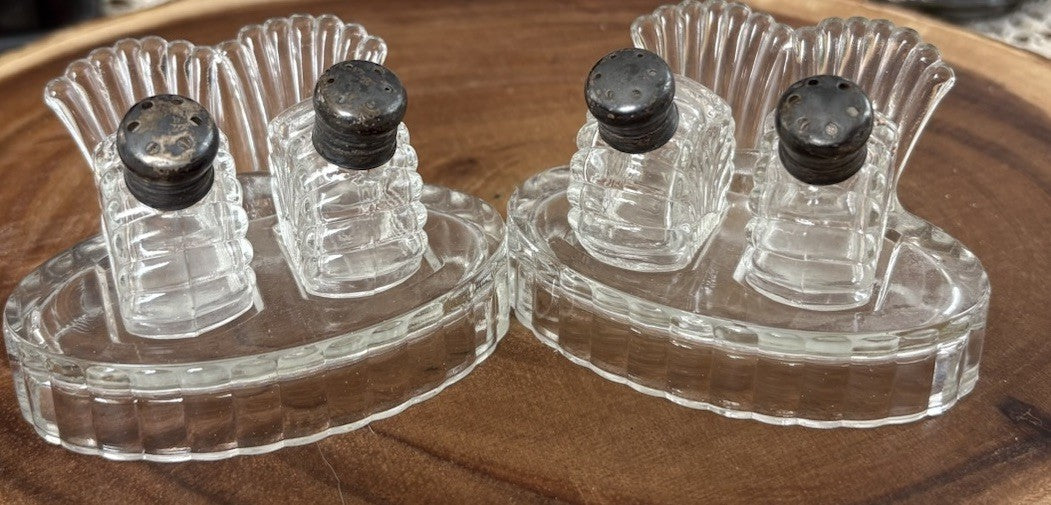 (Art Deco) Vintage Pressed Glass Salt & Pepper Sets w/ Sterling Silver Tops Pair