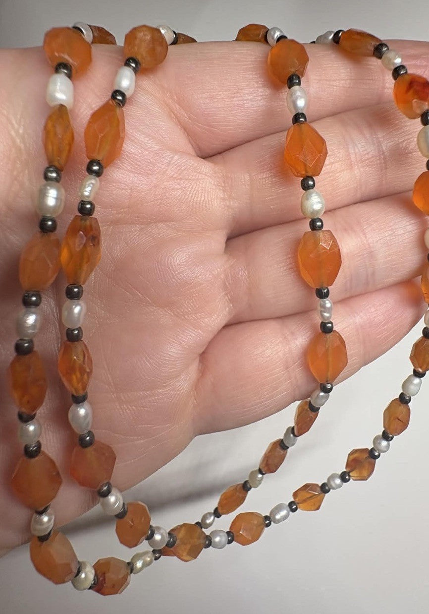Vintage 925 Sterling Carnelian Pearl Double Strand Necklace Artisan Estate 18”