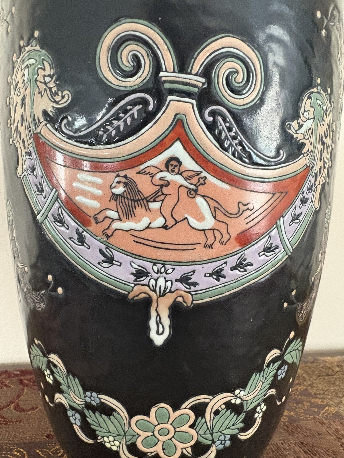 Vintage Mid Century large Asian Style Vase Enamel Porcelain Beautiful 14”