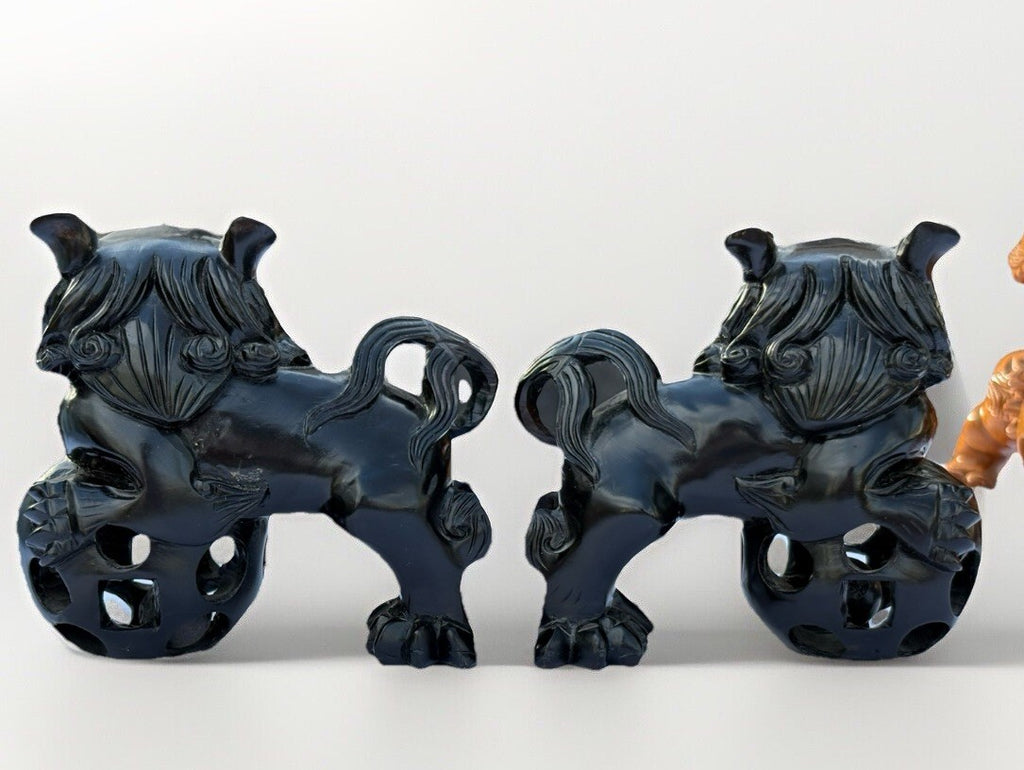 Vintage MCM Hand Wood Carved: Pair of Carved Wood Foo Dogs Pair