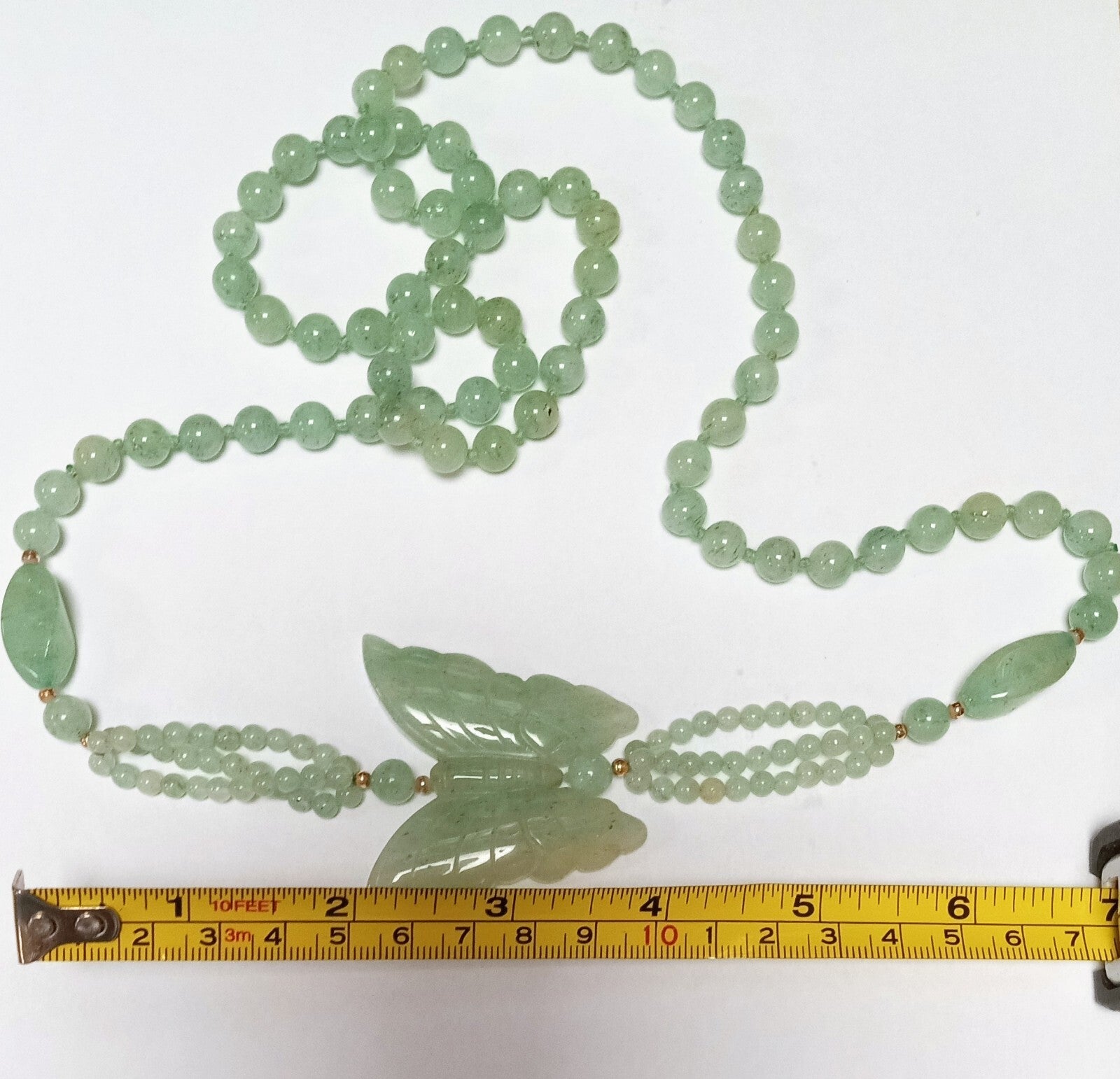 Vintage Jade Butterfly Necklace Celadon Green Beaded Asian  34”