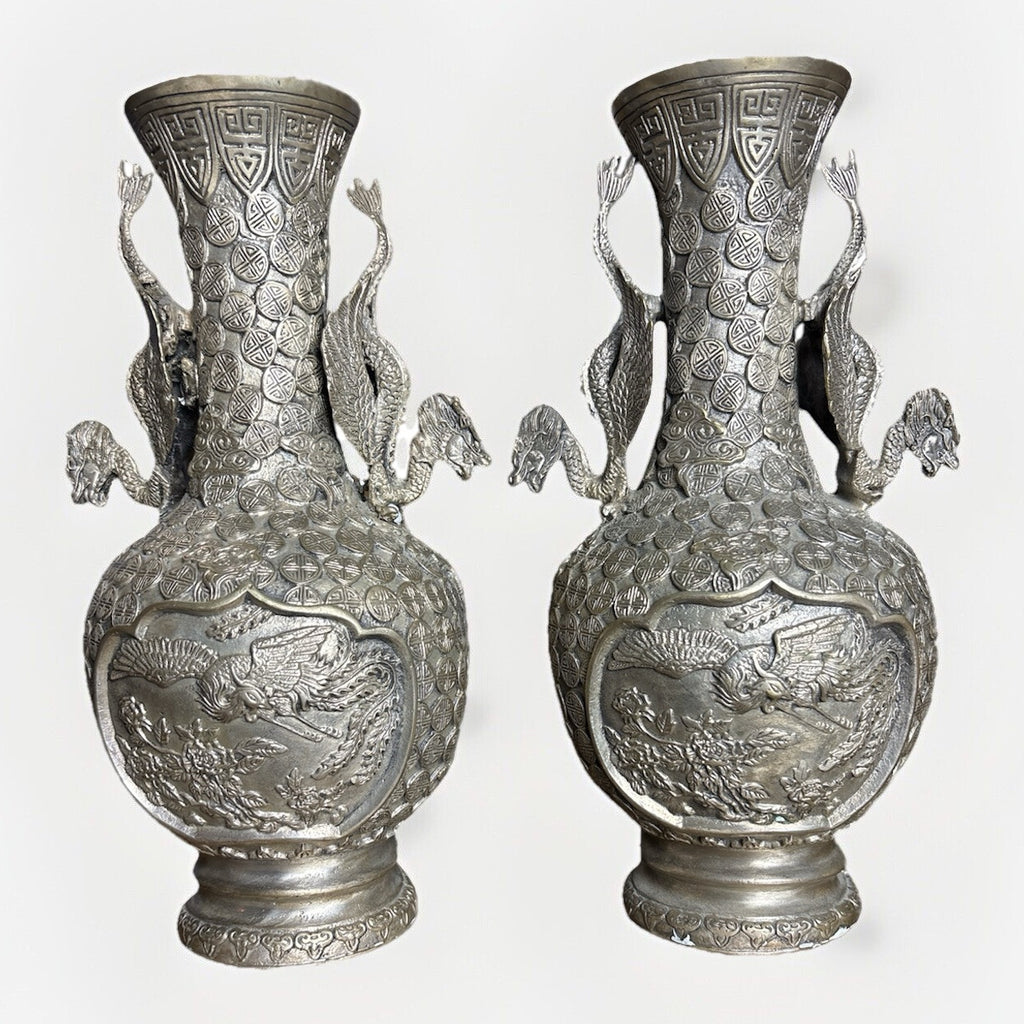 Pair Chinese Silver-Plated Copper Dragon Vases, Phoenix Relief, Late Qing 19thC