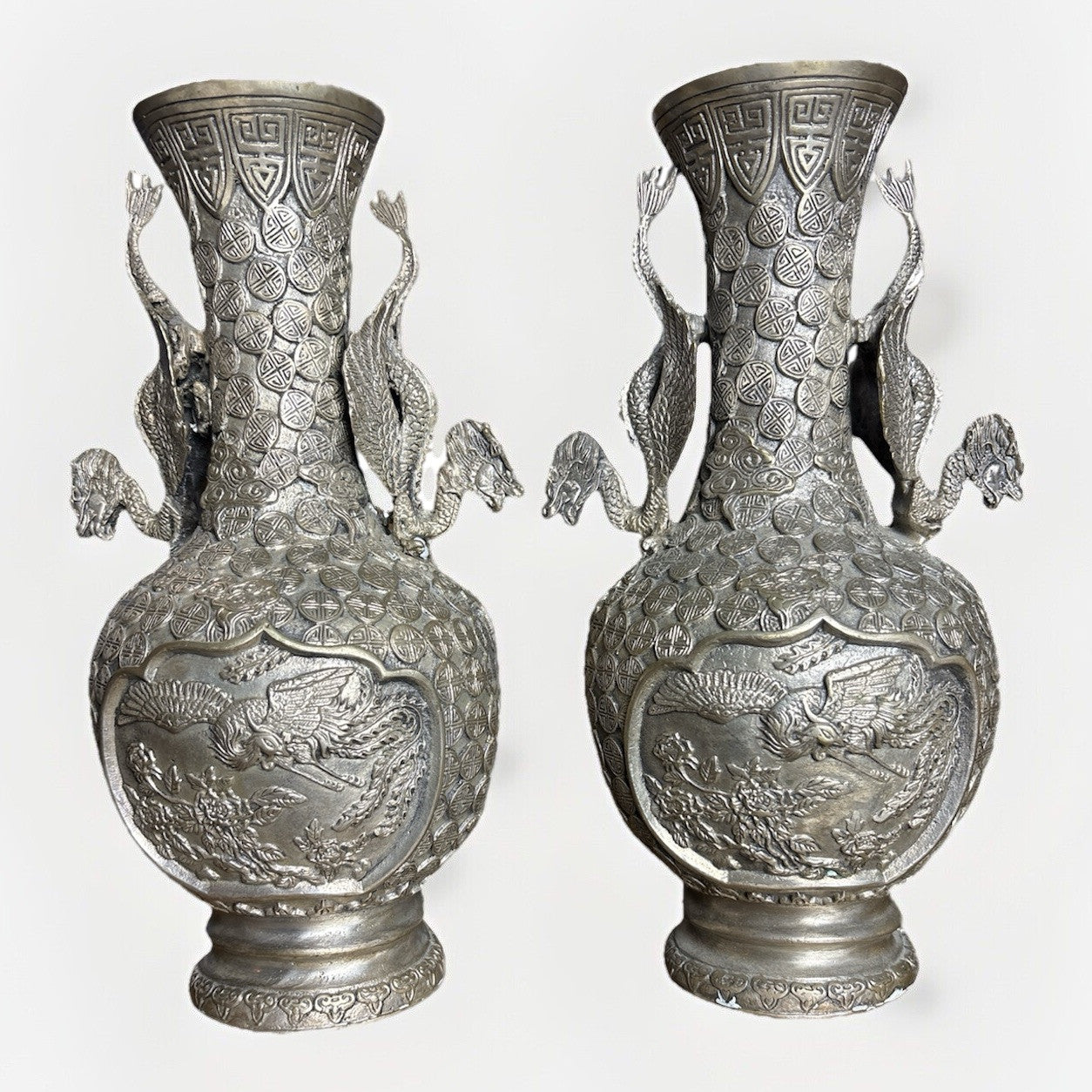 Pair Chinese Silver-Plated Copper Dragon Vases, Phoenix Relief, Late Qing 19thC