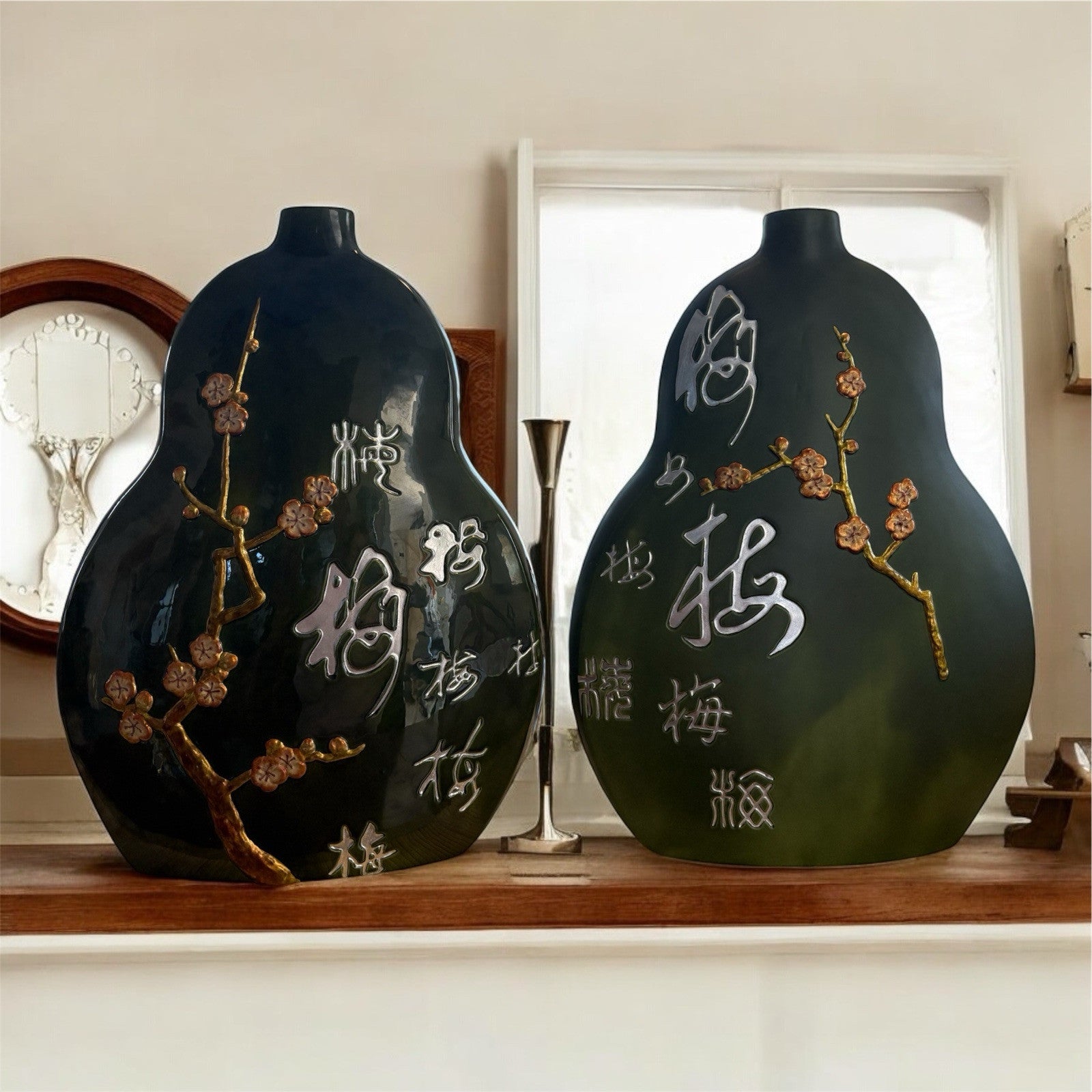 Pair Of Vintage MCM China Green glazed porcelain Plum blossom Bottle Vase Jar