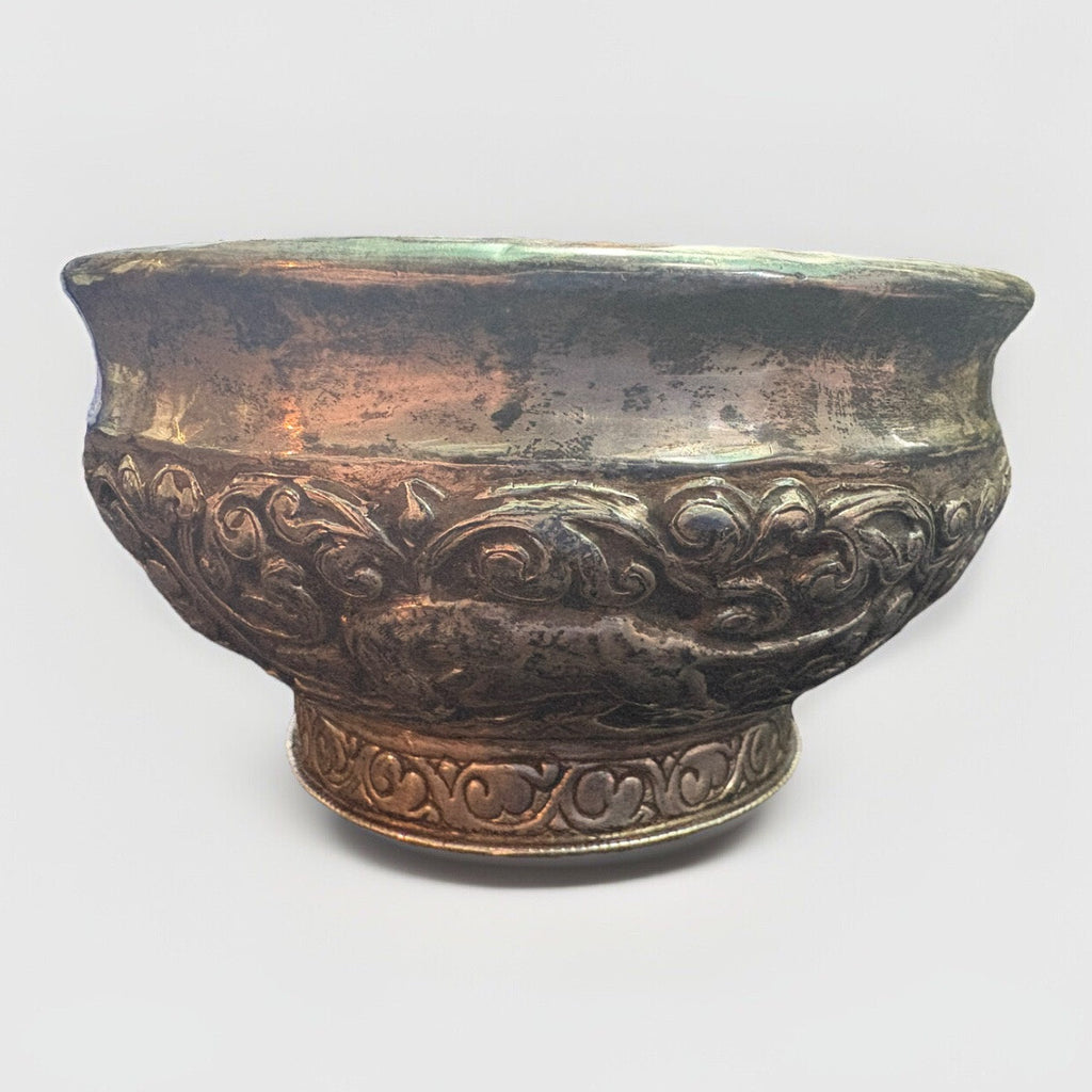 Antique Sterling Silver Repousse Glass Bowl 4.5” D