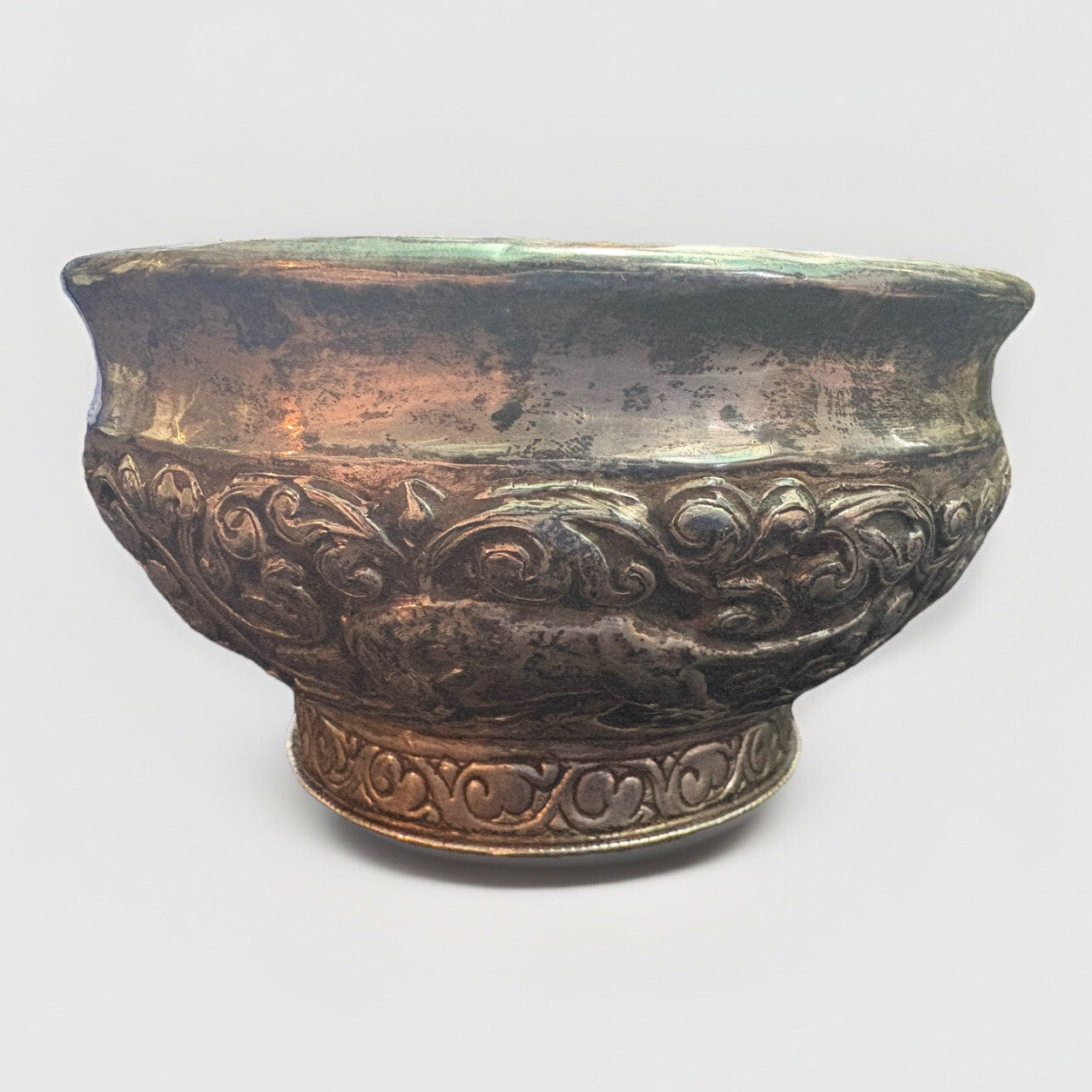 Antique Sterling Silver Repousse Glass Bowl 4.5” D