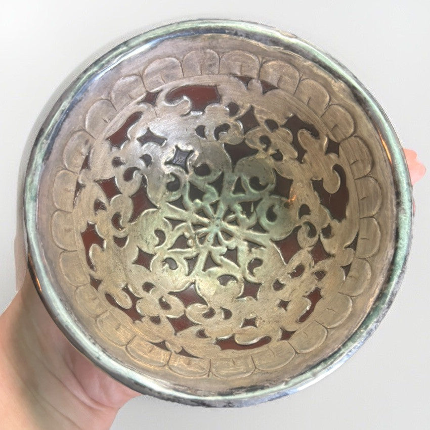 Antique Sterling Silver Repousse Glass Bowl 4.5” D