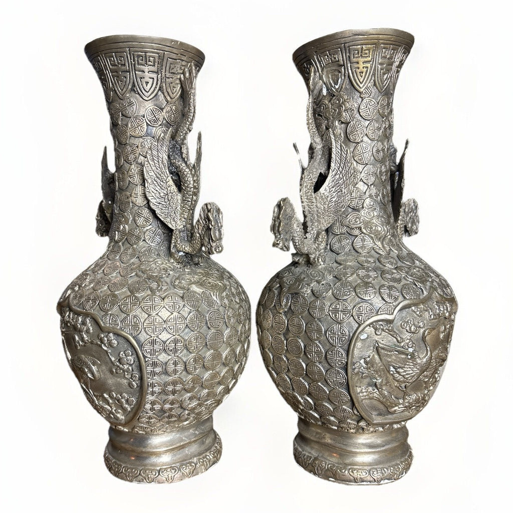 Pair Chinese Silver-Plated Copper Dragon Vases, Phoenix Relief, Late Qing 19thC
