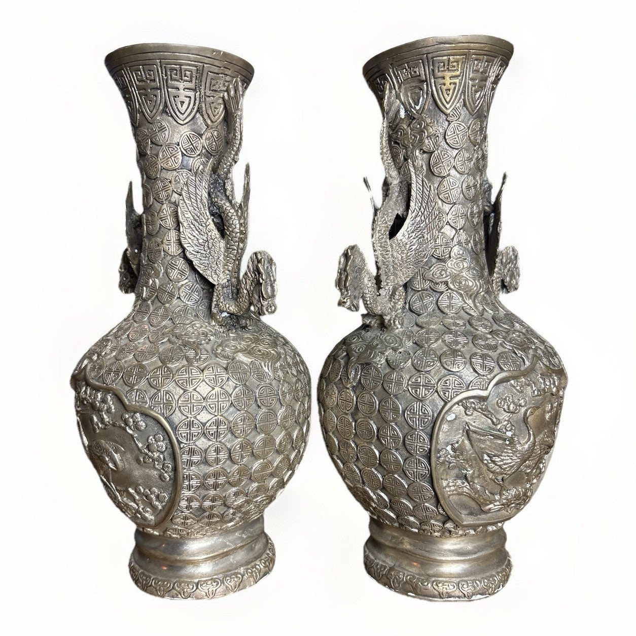 Pair Chinese Silver-Plated Copper Dragon Vases, Phoenix Relief, Late Qing 19thC