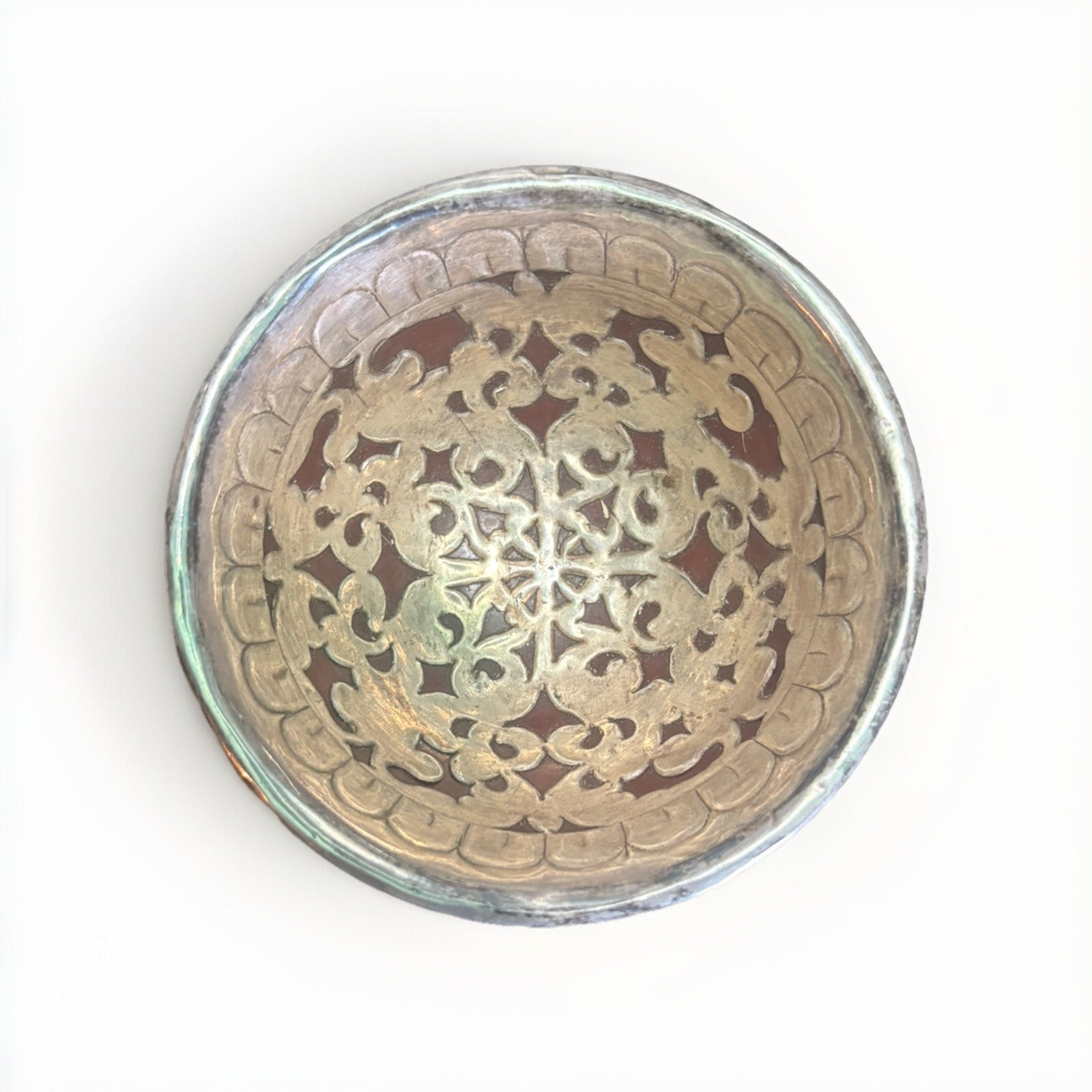 Antique Sterling Silver Repousse Glass Bowl 4.5” D