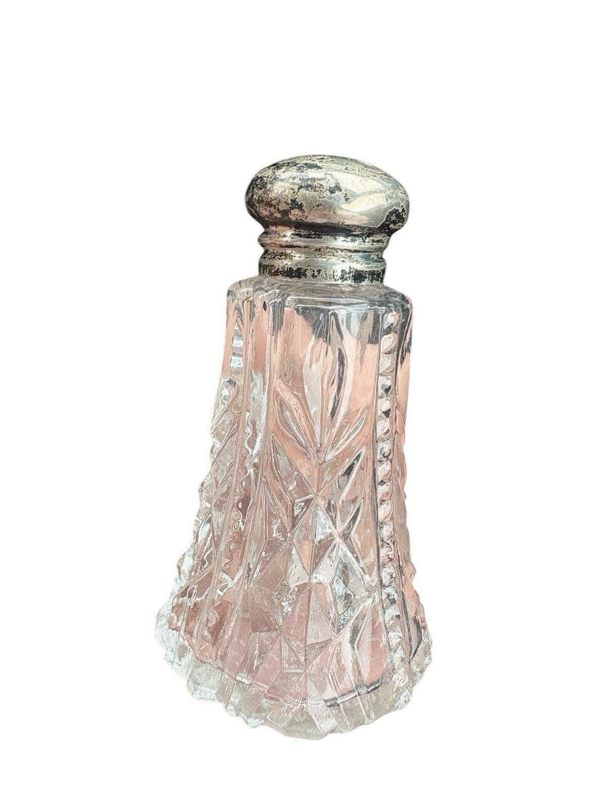 Vintage Cut Glass Salt & Pepper Shakers Sterling Silver Tops