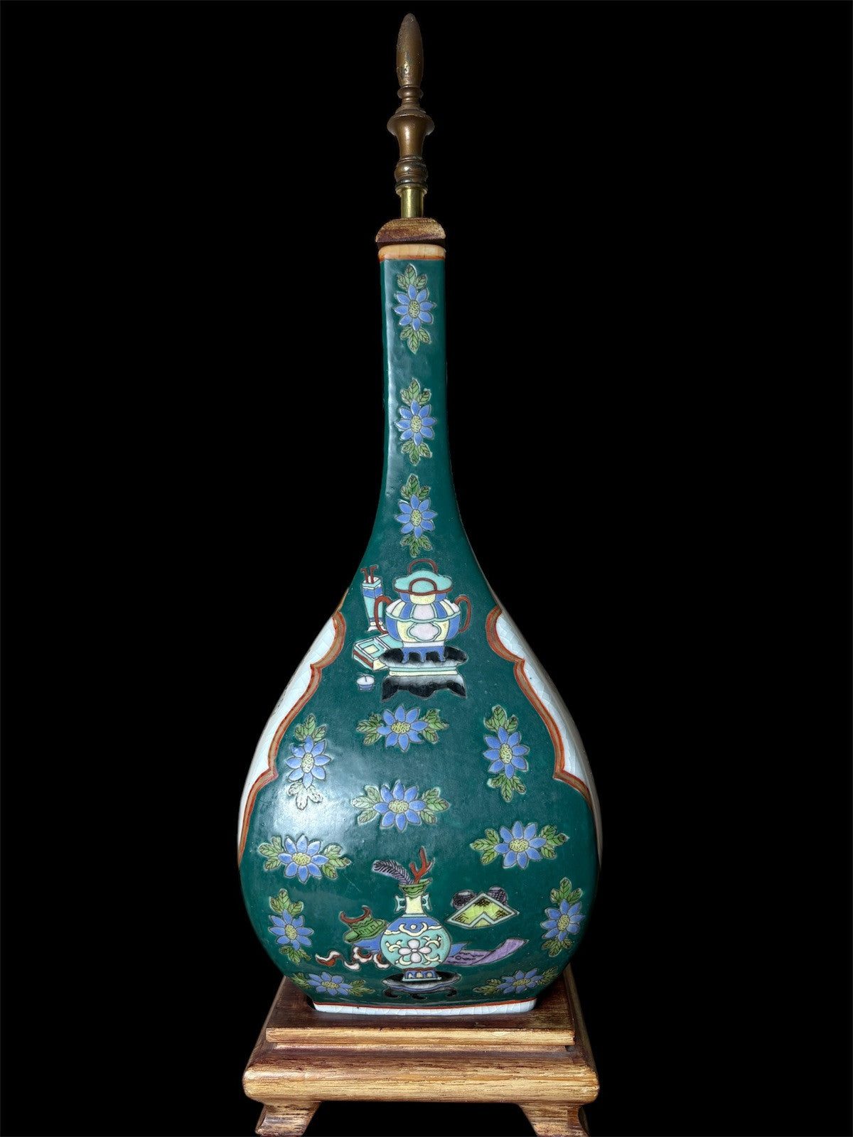 Chinese Famille Verte Crackle Glaze Vase Lamp Qing Style Marked Antique