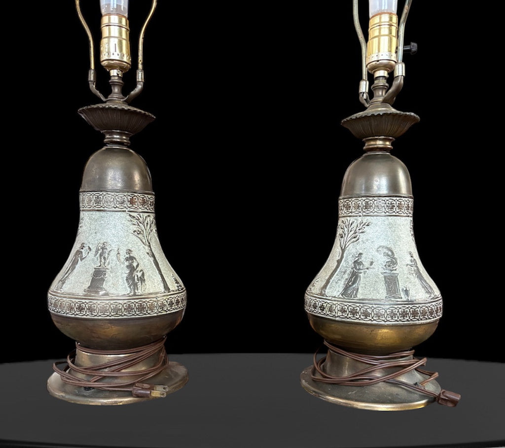 Antique Neoclassical Greek Bronze Pair Table Lamps 28”