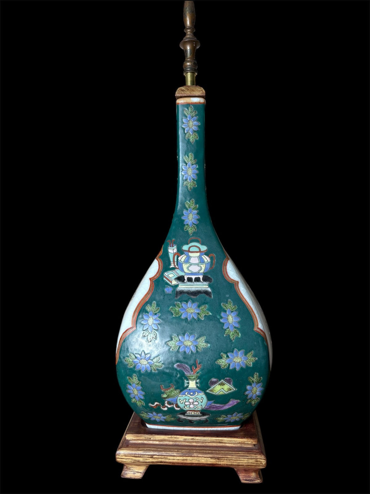 Chinese Famille Verte Crackle Glaze Vase Lamp Qing Style Marked Antique