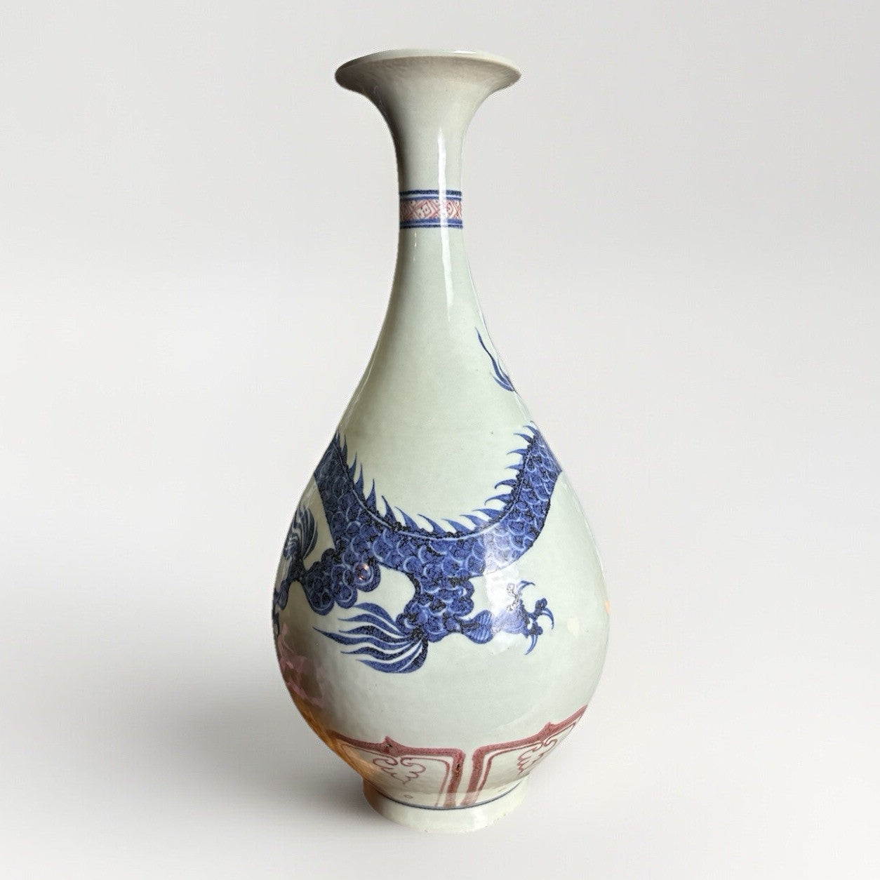 14” Chinese Blue & Red Dragon Vase Doucai Style Qing Republic Period Porcelain