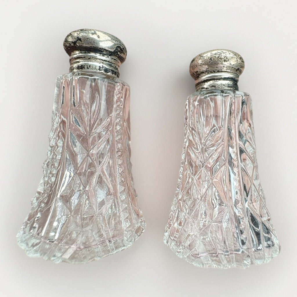 Vintage Cut Glass Salt & Pepper Shakers Sterling Silver Tops