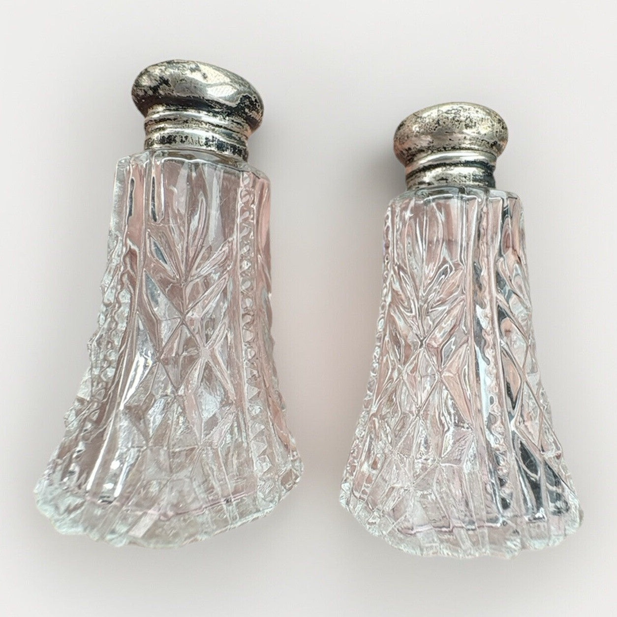 Vintage Cut Glass Salt & Pepper Shakers Sterling Silver Tops