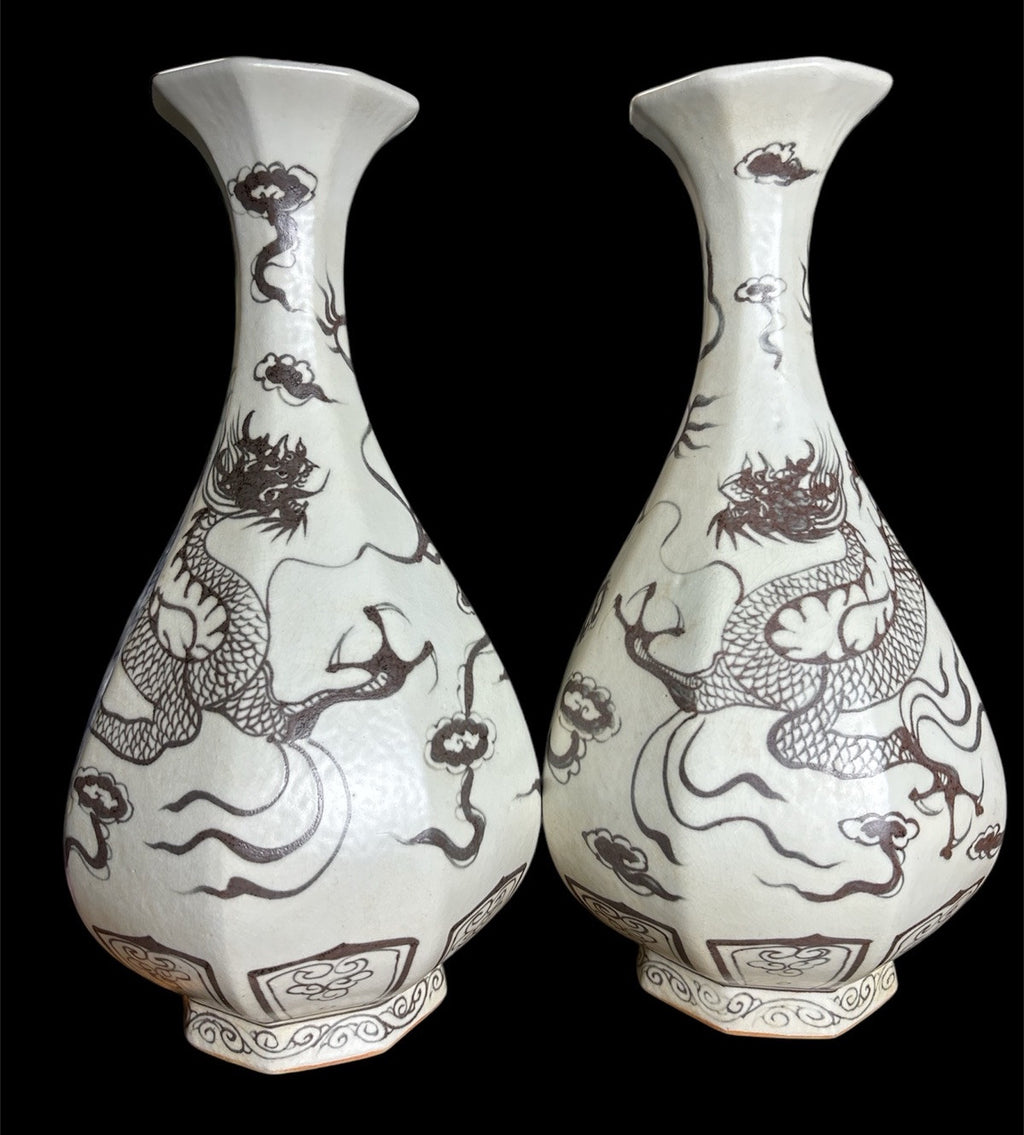 Pair 16” Chinese Brown Dragon Vases Yuan Style Crackle Glaze Republic Period