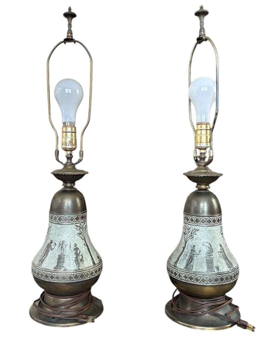 Antique Neoclassical Greek Bronze Pair Table Lamps 28”