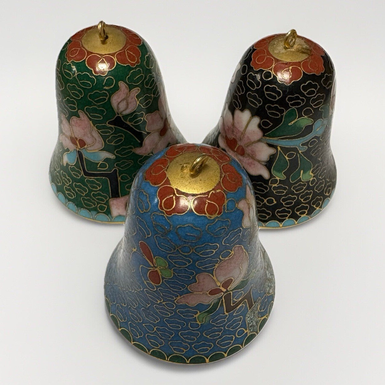 Set Of 3 Miniature Cloisonné Bells, 1 1/4" tall