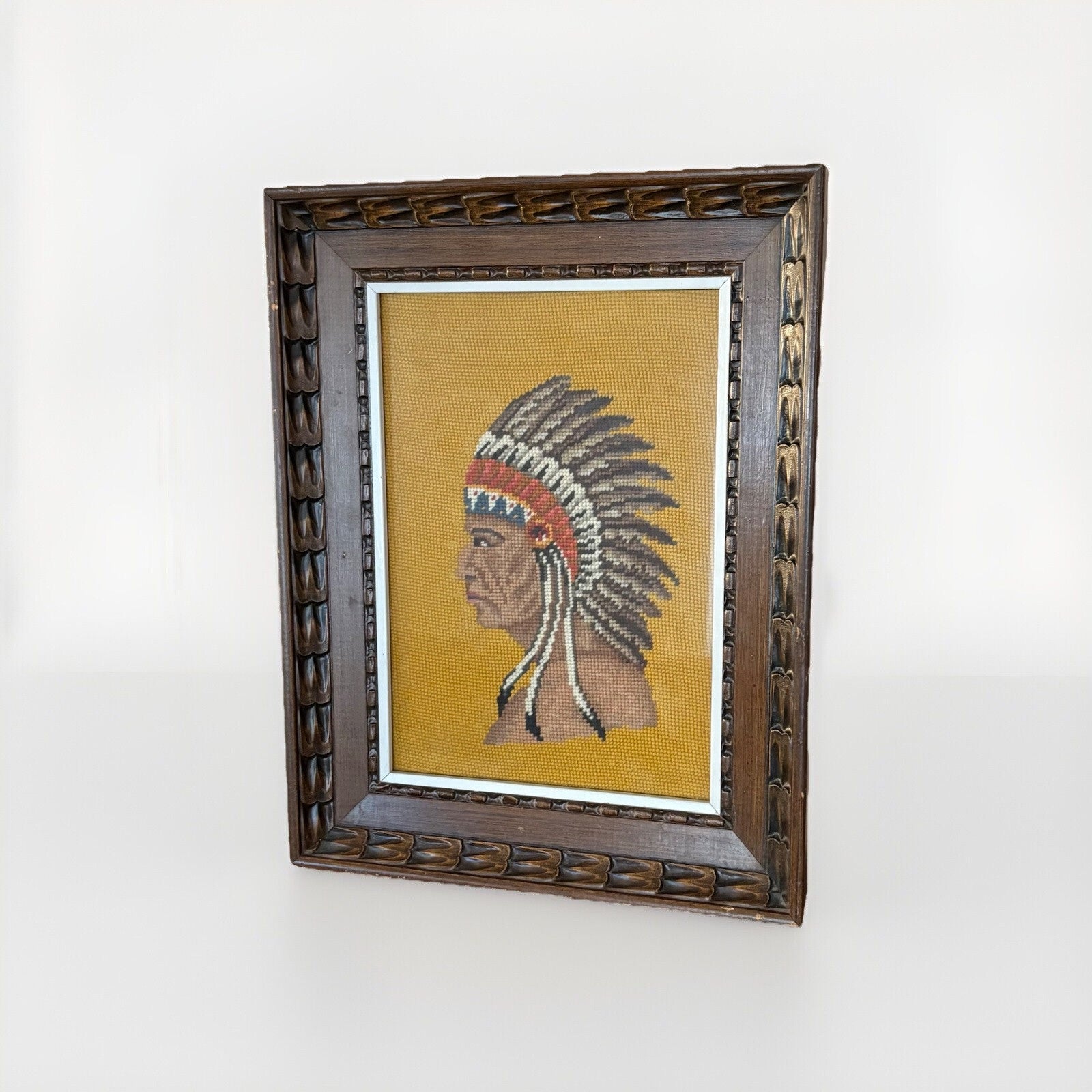 Needlepoint Handcrafted American Indian with Headdressframed Art  15”x 18”