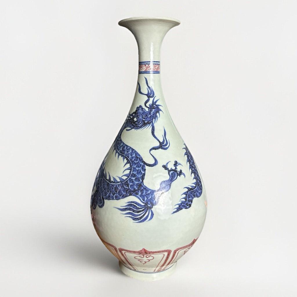 14” Chinese Blue & Red Dragon Vase Doucai Style Qing Republic Period Porcelain