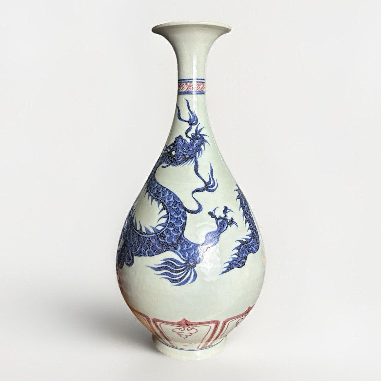 14” Chinese Blue & Red Dragon Vase Doucai Style Qing Republic Period Porcelain