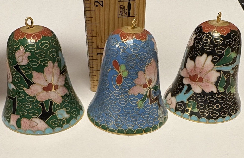 Set Of 3 Miniature Cloisonné Bells, 1 1/4" tall